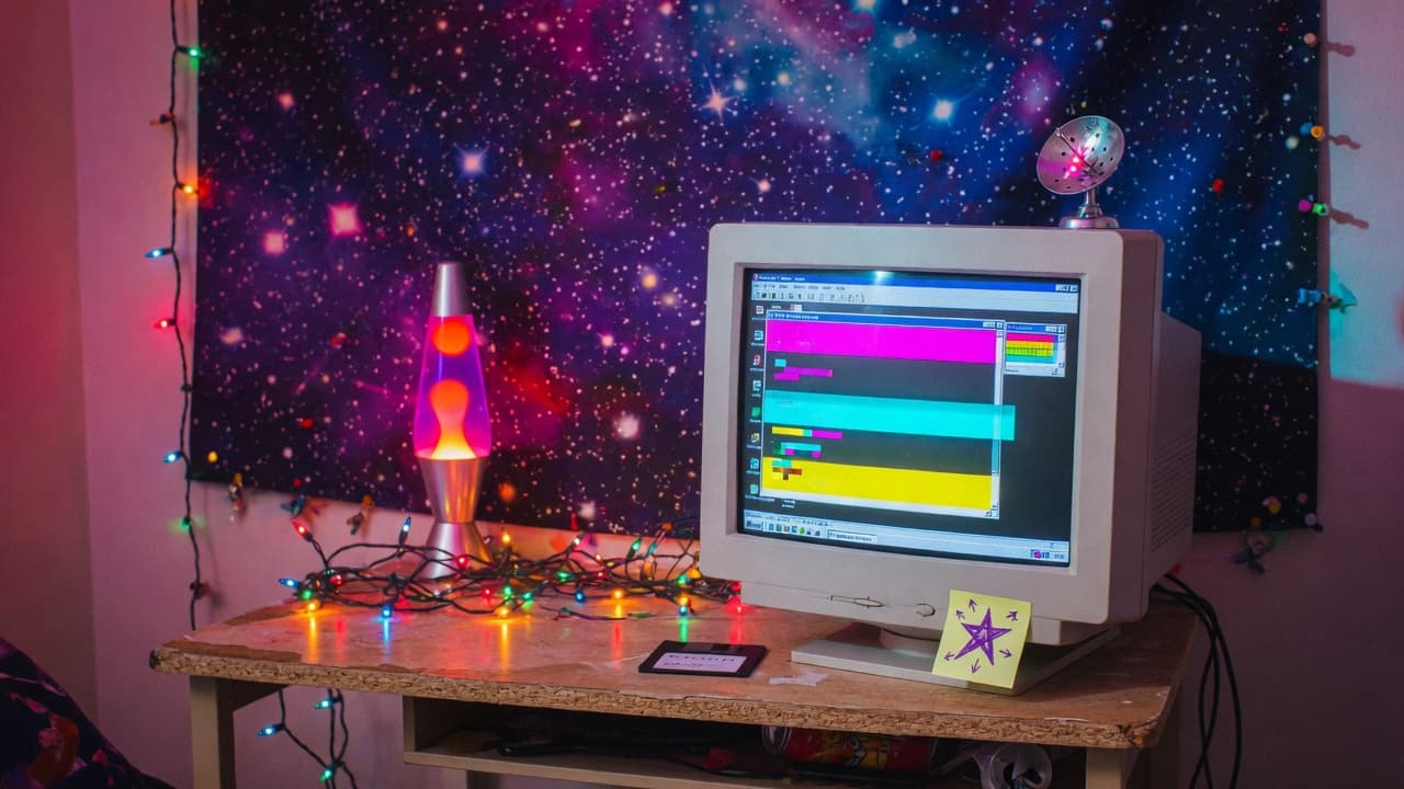 A CRT on a particle-board desk, starfield tapestry, lava lamp